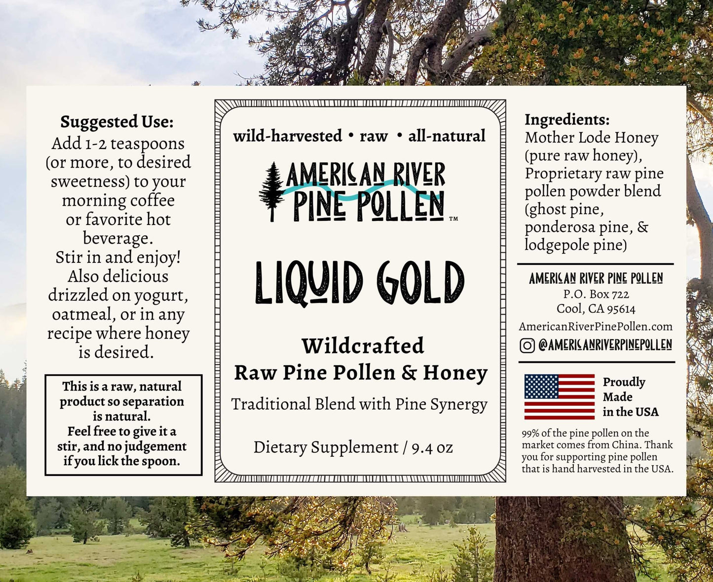Liquid Gold -  Wildcrafted Raw Pine Pollen and Honey - Traditional Blend with Pine Synergy